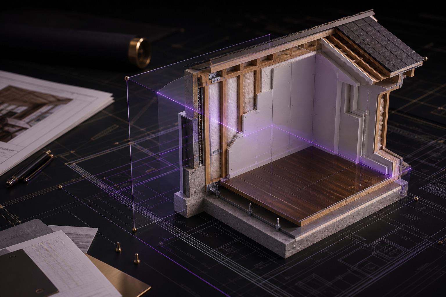 Architectural cutaway showing connected wall, roof, floor, and finish assemblies under a technical measuring grid