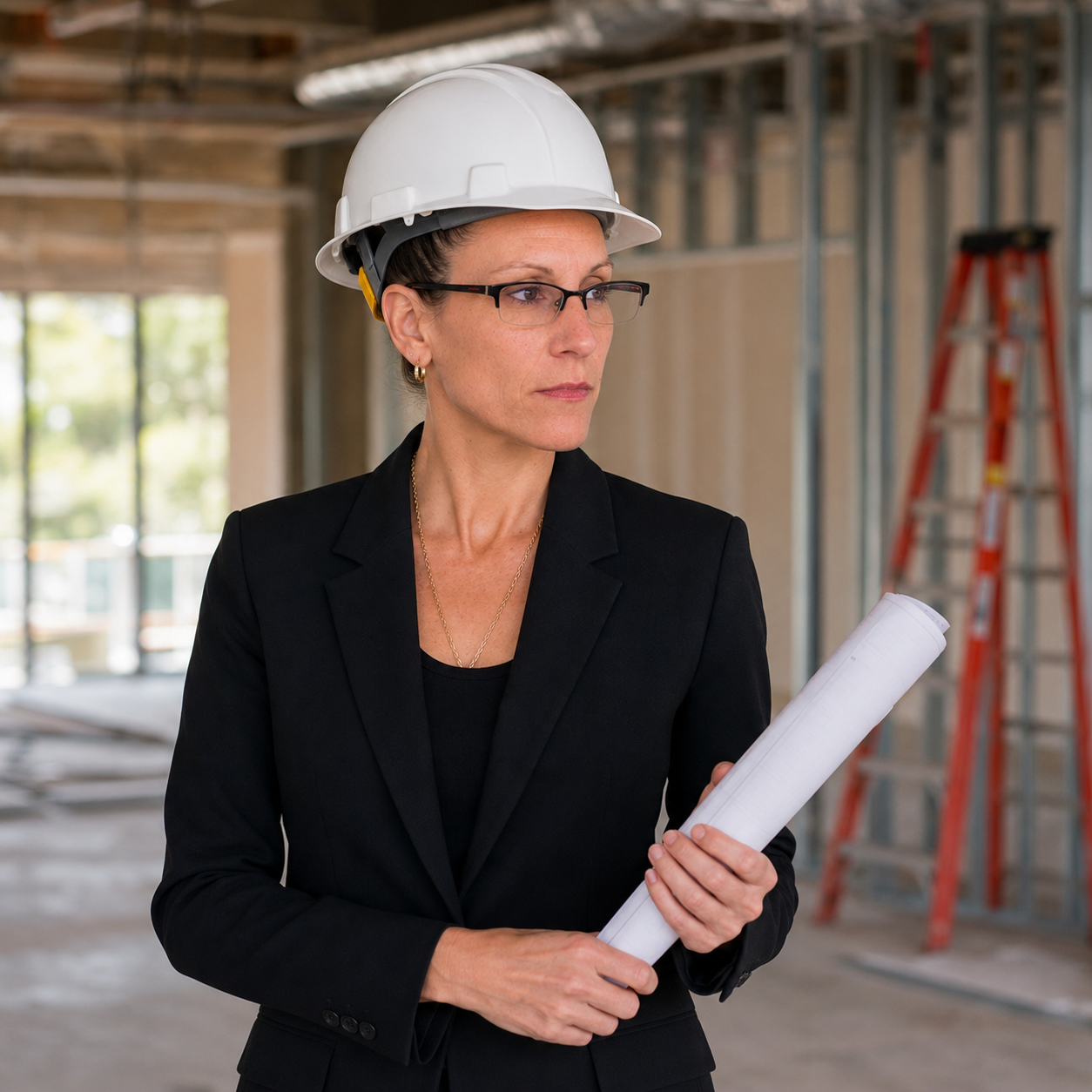 Erin Randolph reviewing plans at a construction site